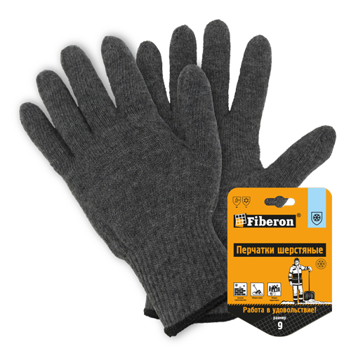 Перчатки FIBERON шерстяные вязаные (70% шерсть+30% акрил,с начёсом) серые