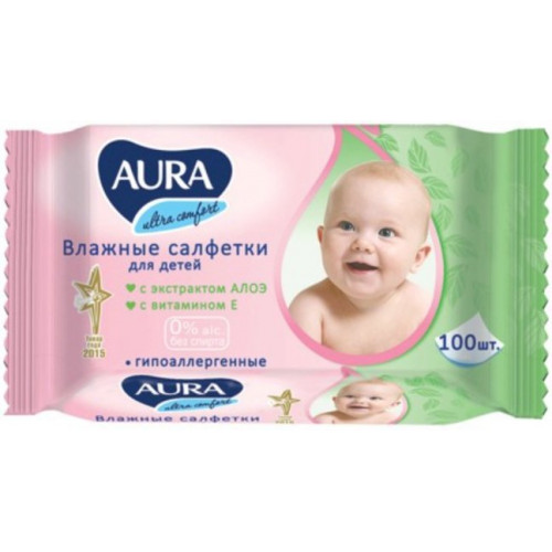 Салфетки влажные  AURA  детские Ultra Comfort 100шт.Алое