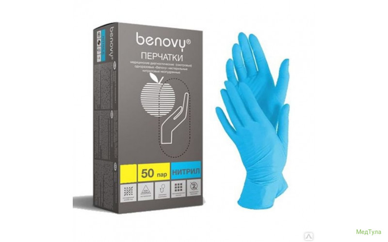 Перчатки нитриловые неопудр.Benovy S Голубые(50 пар/упак)