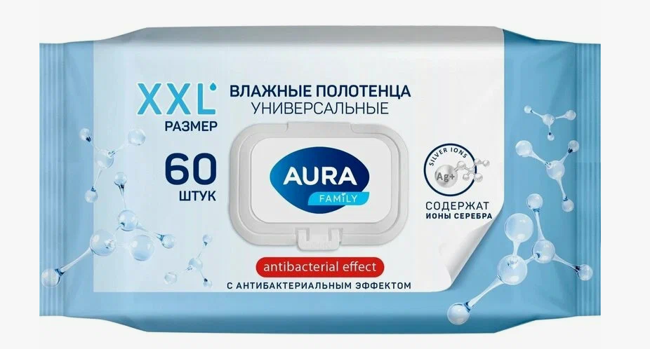 Влажные полотенца AURA Family антибактер. с крышкой 60 шт