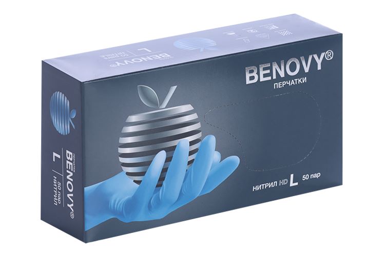Перчатки нитриловые неопудр.Benovy L Голубые прочные 50 пар.упак)