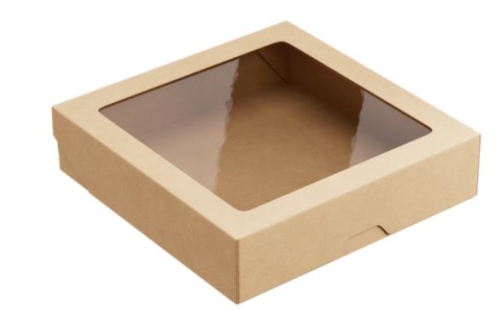 Коробка картонная с ручками 200х200х48мм с прозрачными окном 1500мл. Крафт /25 шт,/
